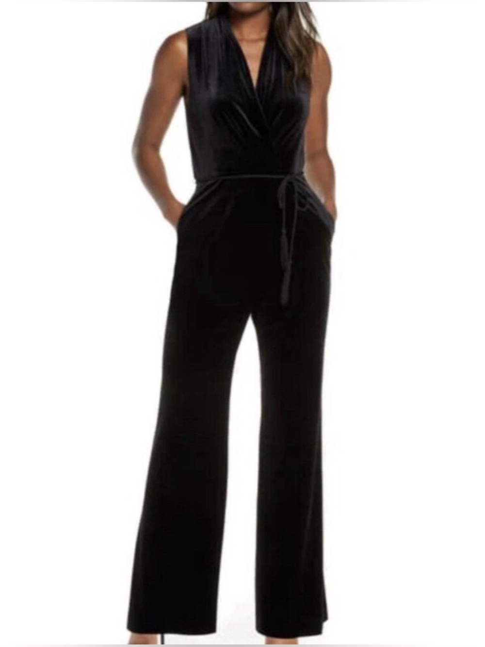 Vince Camuto Black Sleeveless Velvet Tassel Tie Jumpsuit